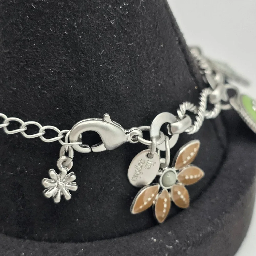Lia Sophia Silver Tone Enamel Floral Charm Bracelet Green Brown Rhinestone 8.5in